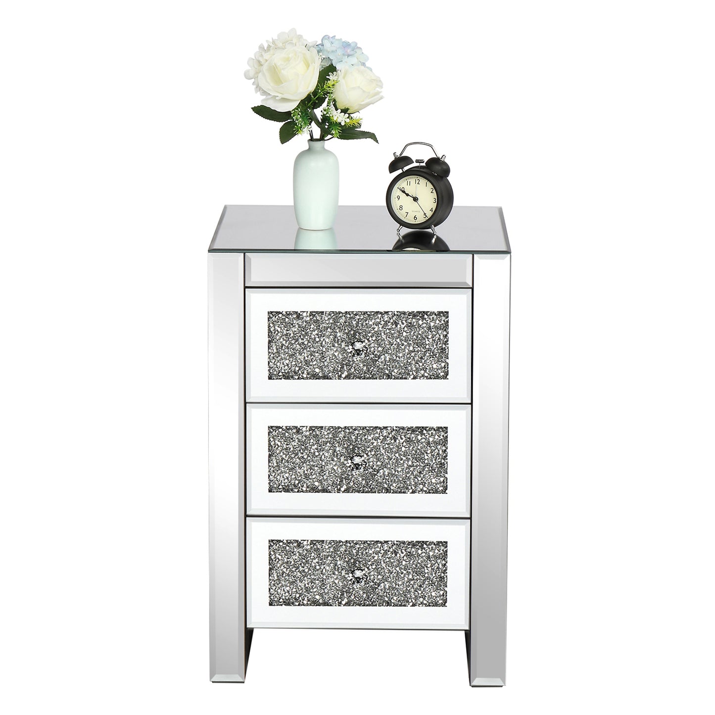 Silver MDF Mirror Surface Broken Glass 40*30*60cm Three Drawers Bedside Table