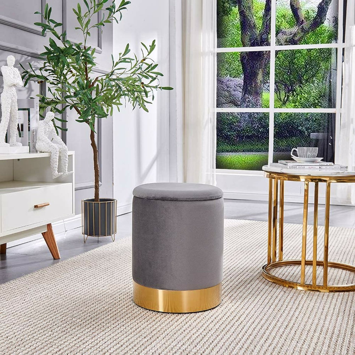 Round Storage Ottoman Velvet Upholstered Footrest Dressing Stool, Padded Vanity Stool with Golden Metal Trim Removable Lid Change Shoe Footrest for Bedroom Living Room Grey