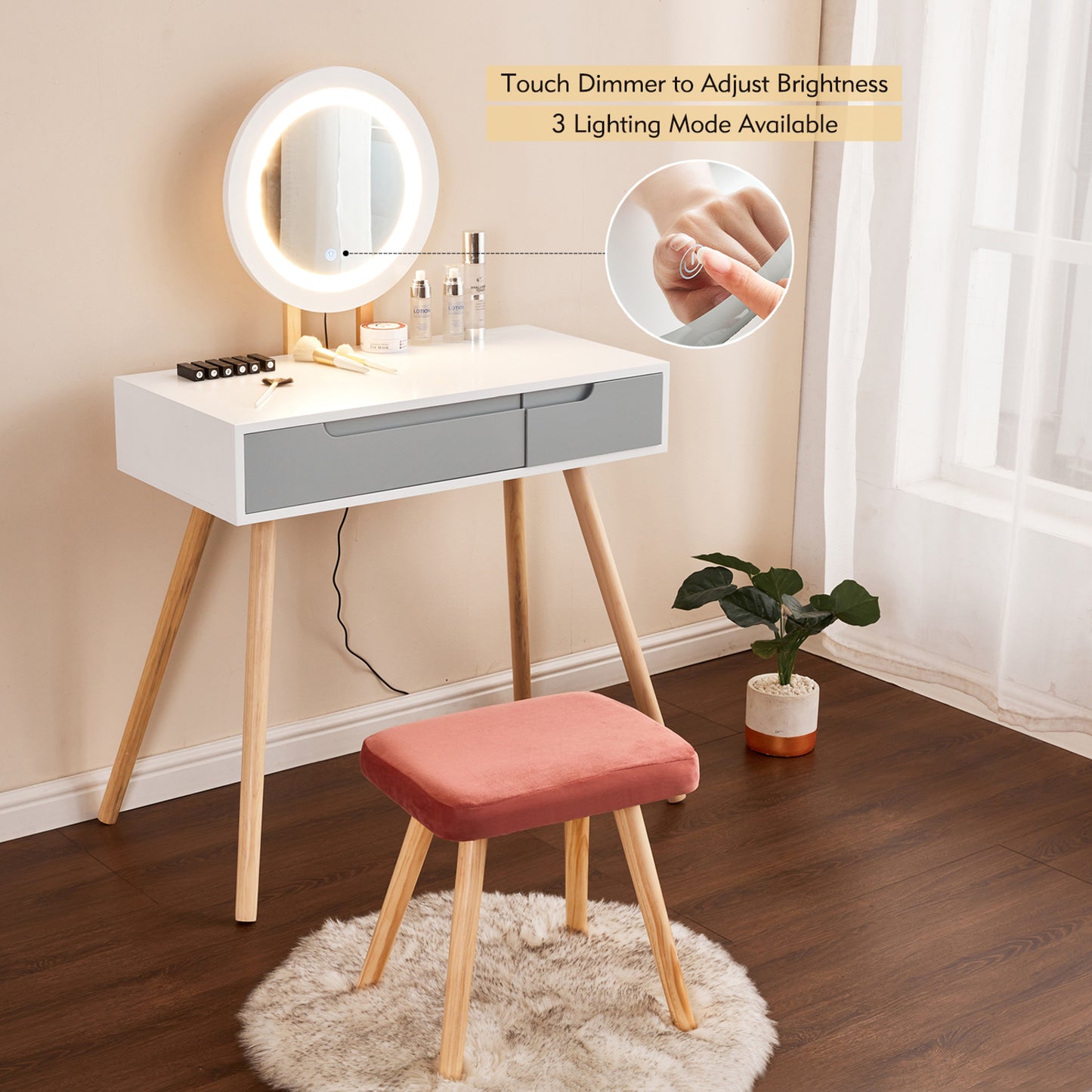 Dressing Table with LED Light Mirror, White Vanity Makeup Table Chair Set with 3 Adjustable Brightness Round Mirror Cushioned Stool and 2 Drawers Bedroom Small Make-up Table