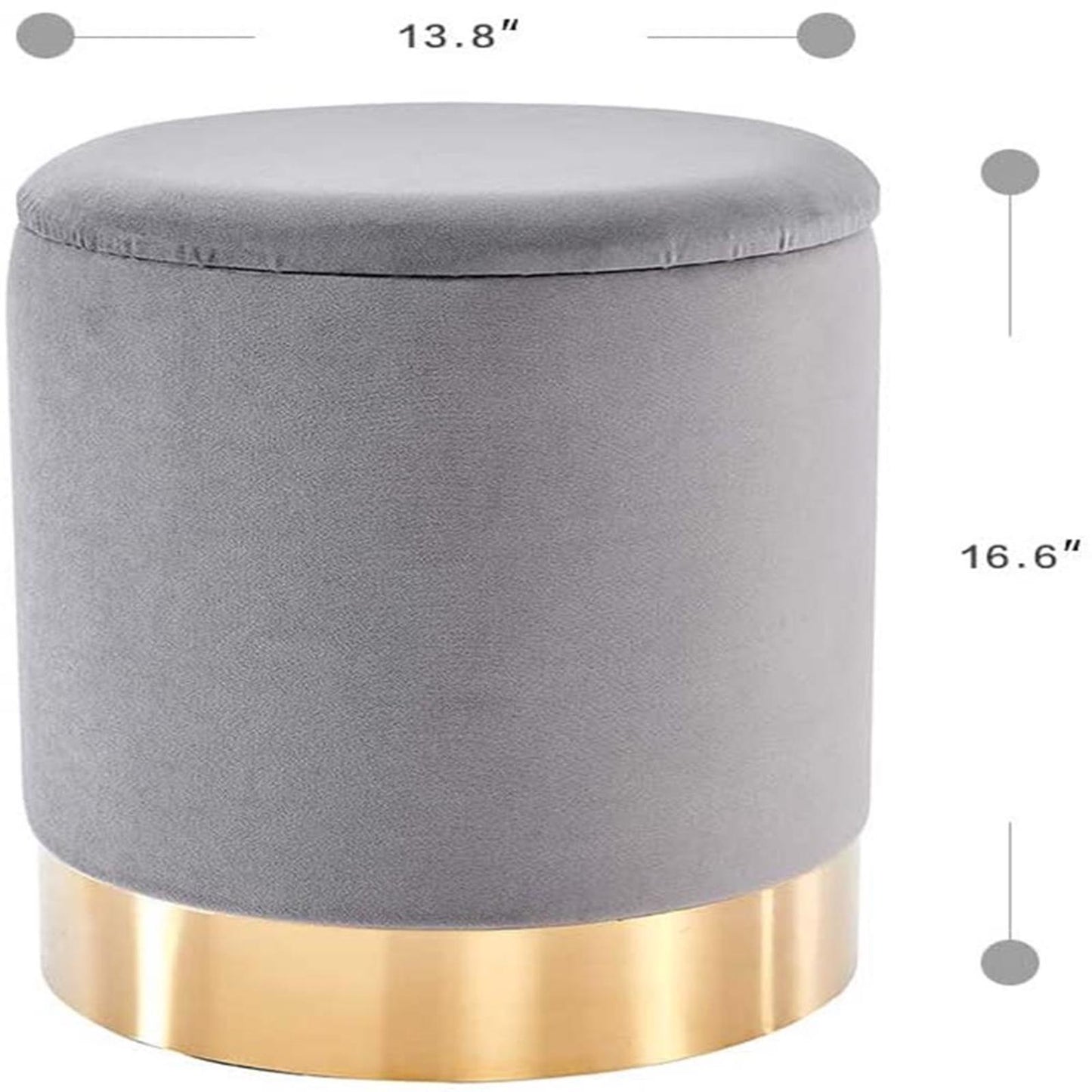 Round Storage Ottoman Velvet Upholstered Footrest Dressing Stool, Padded Vanity Stool with Golden Metal Trim Removable Lid Change Shoe Footrest for Bedroom Living Room Grey