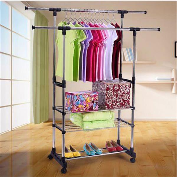 Dual Bars Horizontal & Vertical Telescope Style 3 Tiers Stainless Steel Clothing Garment Shoe Rack B